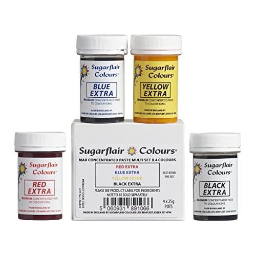 Sugarflair Lebensmittelfarbe Max Konzentriert Set/4, Max Concentrate Paste Colour Lebensmittel Farbstoff Hoch Konzentriert, EXTRA Blue, Yellow, Red, Black - 4x25g von Sugarflair Colours