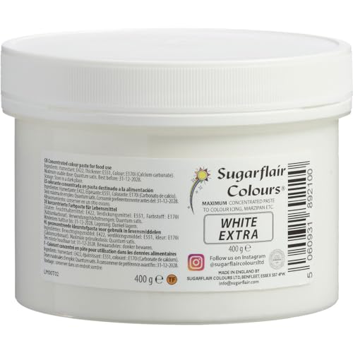 Sugarflair Lebensmittelfarbe Max Konzentriert White Extra, Lebensmittel Farbstoff Hoch Konzentriert für Marzipan und Fondant, Max Concentrate Paste Colour - 400g von Sugarflair Colours