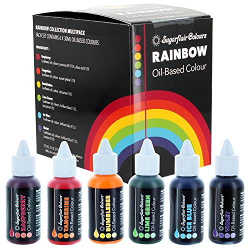 Sugarflair Oil Based Colour Lebensmittelfarbe Ölbasis Rainbow Set/6 - Hochkonzentrierte Lebensmittel Farbe Ölbasis - Raspberry, Tangerine, Bumblebee, Lime Green, Ice Blue, Violet - 6x30ml von Sugarflair Colours