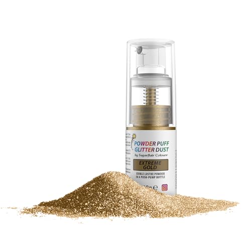 Sugarflair Pump Spray Powder Puff Glitter Dust Extreme Gold - Lebensmittelfarbe Kuchen Dekoration, Nicht-Aerosol Spray Glitter für Kuchen, Cupcakes und mehr - 10g von Sugarflair Colours