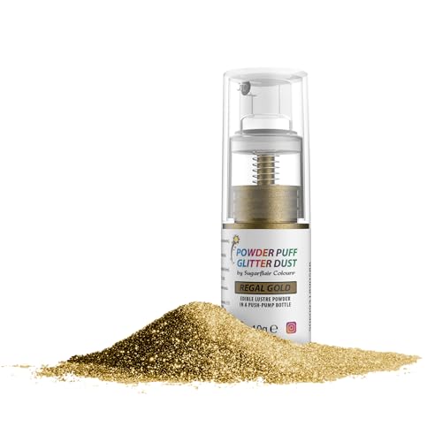 Sugarflair Pump Spray Powder Puff Glitter Dust Regal Gold - Lebensmittelfarbe Kuchen Dekoration, Nicht-Aerosol Spray Glitter für Kuchen, Cupcakes und mehr - 10g von Sugarflair Colours