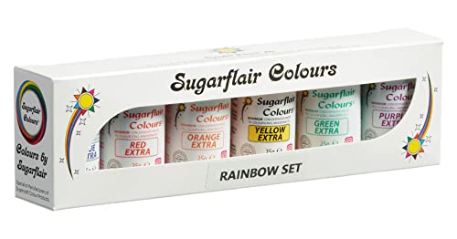 Sugarflair Lebensmittelfarbe Max Konzentriert Set/6, Max Concentrate Paste Colour Lebensmittel Farbstoff Hoch Konzentriert, EXTRA Blue, Red, Orange, Yellow, Green, Purple - 6x25g von Sugarflair Colours