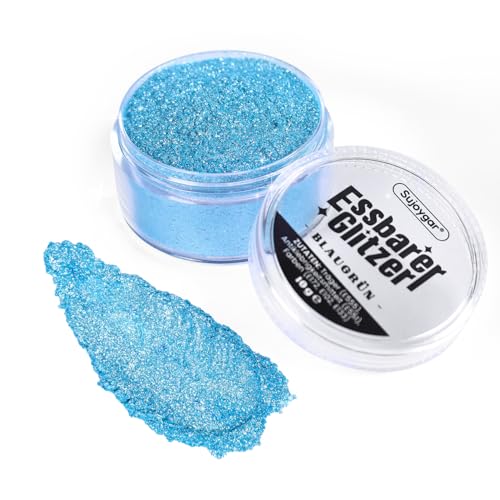 Essbarer Glitzer - 10g BlauGrün Glitzer für Getränke, Essbarer Glitzer für Cocktails, Kuchendekoration, Kekse, Erdbeeren, Schokolade, 100% lebensmittelechtes Streusel Glitzerpulver von Sujoygar