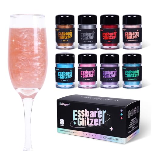 Essbarer Glitzer Set - 8 Farben Essbares Glitzer für Getränke, Glitzer Essbar für Torten, Cocktails, Erdbeeren, Schokolade, 100% lebensmittelechtes Streusel Glitzerpulver (5g/Flasche) von Sujoygar