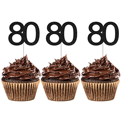 24 Stück Cupcake-Topper zum 80. Geburtstag – Cupcake-Picks für Jahrestag oder Geburtstag, Party-Dekoration, Schwarz von Sumerk