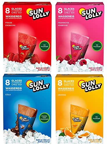 Sun Lolly Wassereis Probier-Set mit 4 Sorten | Erdbeere, Himbeere, Cola, Exotisch | Mit Fruchtsaft | Zum Selbsteinfrieren | Ohne künstliche Aromen | Praktisch | 4 x 8 x 60ml (480ml) von Sun Lolly