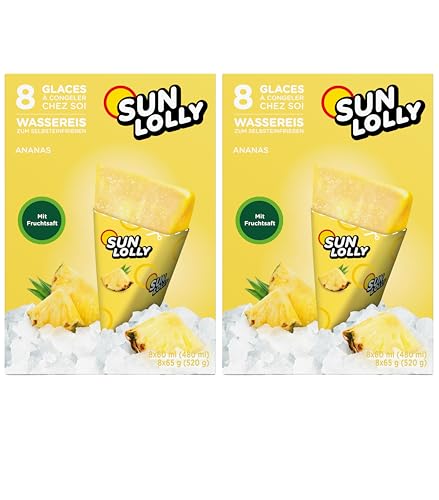 Sun Lolly Wassereis Ananas 8 Stk | Mit Fruchtsaft | Zum Selbsteinfrieren | Ohne künstliche Aromen | Frei von Süßungsmittel | Laktosefrei | Glutenfrei | 8 x 60ml | 2er Pack von Sun Lolly