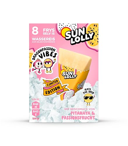 Sun Lolly Wassereis Drachenfrucht & Passionsfrucht 8 Stk | Limited Edition | Mit Fruchtsaft | Ohne künstliche Aromen | Frei von Süßungsmittel | Laktosefrei | Glutenfrei | 8 x 60ml von Sun Lolly