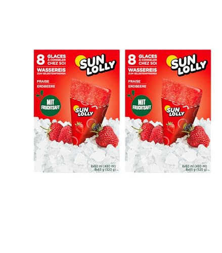 Sun Lolly Wassereis Erdbeere 8 Stk | Mit Fruchtsaft | Zum Selbsteinfrieren | Ohne künstliche Aromen | Frei von Süßungsmittel | Laktosefrei | Glutenfrei | 8 x 60ml | 2er Pack von Sun Lolly