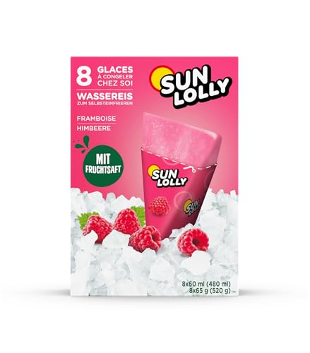 Sun Lolly Wassereis Himbeere 8 Stk | Mit Fruchtsaft | Zum Selbsteinfrieren | Ohne künstliche Aromen | Frei von Süßungsmittel | Laktosefrei | Glutenfrei | 8 x 60ml von Sun Lolly