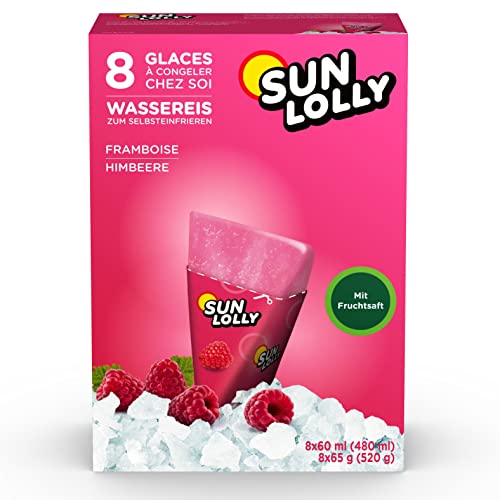 Sun Lolly Wassereis Himbeere 8 Stk | Mit Fruchtsaft | Zum Selbsteinfrieren | Ohne künstliche Aromen | Frei von Süßungsmittel | Laktosefrei | Glutenfrei | 8 x 60ml von Sun Lolly