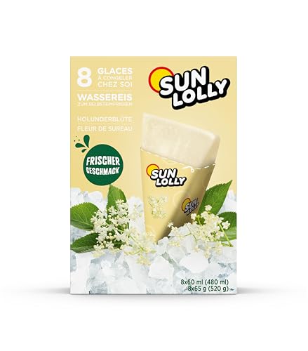 Sun Lolly Wassereis Holunderblüte 8 Stk | Mit Fruchtsaft | Zum Selbsteinfrieren | Ohne künstliche Aromen | Frei von Süßungsmittel | Laktosefrei | Glutenfrei | 8 x 60ml von Sun Lolly