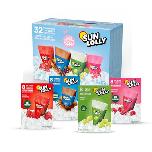 Sun Lolly Wassereis Mixbox mit 4 Sorten | Erdbeere, Cola, Weintraube, Himbeere | Mit Fruchtsaft | Zum Selbsteinfrieren | Ohne künstliche Aromen | Praktisch als Familienbox | 4 x 8 x 60ml von Sun Lolly