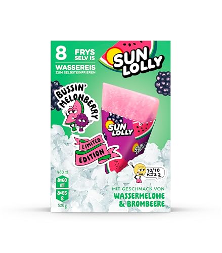 Sun Lolly Wassereis Wassermelone & Brombeere 8 Stk | Limited Edition | Mit Fruchtsaft | Zum Selbsteinfrieren | Ohne künstliche Aromen | Frei von Süßungsmittel | Laktosefrei | Glutenfrei | 8 x 60ml von Sun Lolly