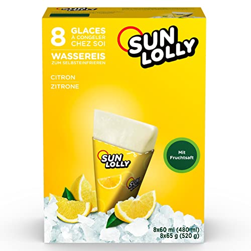 Sun Lolly Wassereis Zitrone 8 Stk | Mit Fruchtsaft | Zum Selbsteinfrieren | Ohne künstliche Aromen | Frei von Süßungsmittel | Laktosefrei | Glutenfrei | 8 x 60ml von Sun Lolly