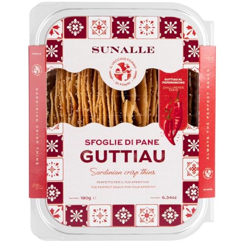 Sunalle Sfoglie Di Pane Guttiau, knusprige Snacks Pane Guttiau mit Peperoncino, wiederverschließbare Box, 180g (Chili) von Sunalle