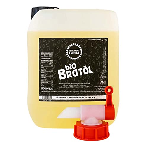 sunflowerFamily Bio-Bratöl, Bio Sonnenblumenöl, 5L Kanister inkl. Auslaufhahn - high oleic, kalt gepresst, schonend raffiniert von SunflowerFamily