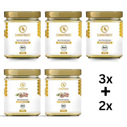 Bio 5er Honig Bundle: 2x Bio Akazienhonig von Sunnafrucht® + 3x Bio Blütenhonig von Sunnafrucht® | 5x 500g | Roher Honig | Naturschutzgebiet in Bayern | Ideal für Tee & Müsli | Imkermeister-Qualität von Sunnafrucht