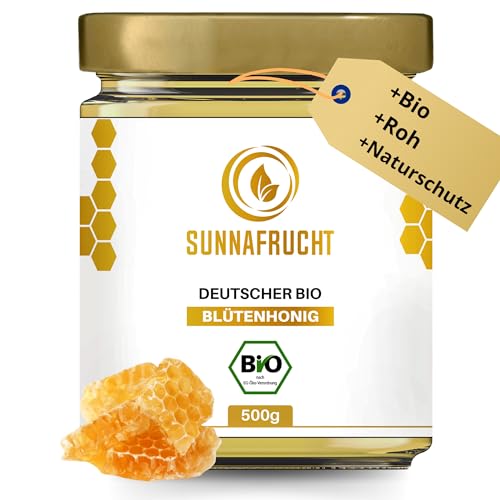 Bio Blütenhonig von Sunnafrucht® | 500g | Roh & Naturbelassen | Unverarbeiteter roher Honig | Mild-Blumige Note | Aus Naturschutzgebieten Deutschlands | Perfekt für Honigwasser & Süßungsmittel von Sunnafrucht