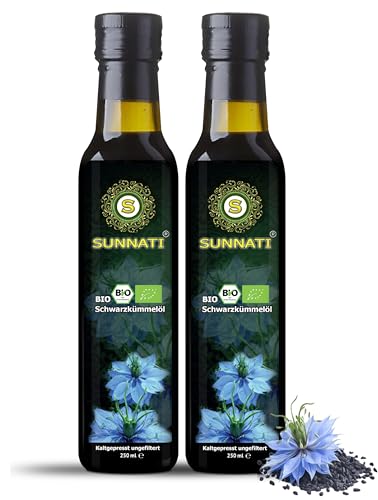 Sunnati® BIO Schwarzkümmelöl Ungefiltert kaltgepresst 100% rein 500ml (2x250ml) von Sunnati