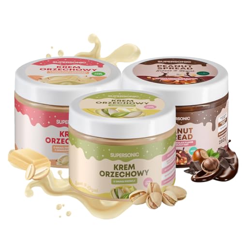 SUPERSONIC Erdnussbutter Keto Protein Creme MixSet 3 x 250g- Brotaufstrich, Zuckerfrei, Low-Carb, Pistazie, Schokoladig-Nussig, Weiße Schokolade Crunchy - Peanut Butter Ideal für Fitness von Supersonic