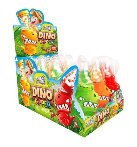 Dino Dipper Licker Display (12 Stück) – 50g Lutscher mit saurem Pulver, Dinosaurier Süßigkeiten, fruchtiger Lutscher, perfekt für Kinderpartys, Mitgebsel & Geburtstage von Sweet Flash