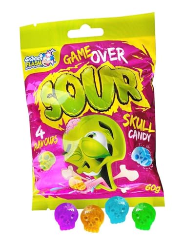 Game Over Skull Candy Saure Bonbons Totenkopf – Saure Fruchtbonbons mit Totenkopf-Design – Erhältlich im 1er-, 5er- oder 18er-Pack (1) von Sweet Flash