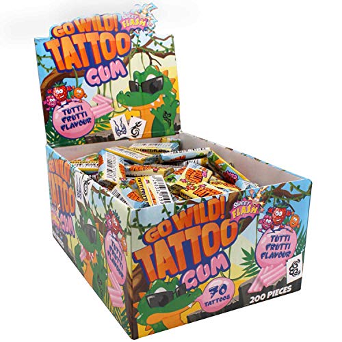 Go Wild! Tattoo Gum – 200 Stück Kaugummi mit Tattoo-Aufklebern – Fruchtige Kaugummis & coole Tattoos für Kindergeburtstage, Partys oder Mitgebsel von Sweet Flash