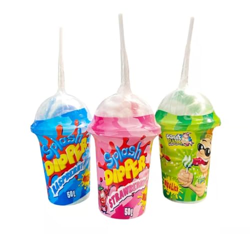 Splash Dipper 3er Pack – Saures Pulver mit Fruchtgeschmack (Apfel, Erdbeere, Himbeere) & Hartkaramellen-Lutscher – Süßigkeiten zum Dippen für Kindergeburtstage, Partys oder Mitgebsel von Sweet Flash