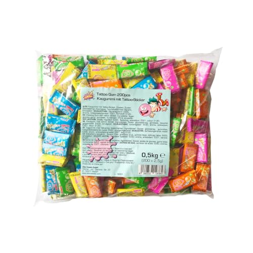 Tattoo Gum – 200 Stück Kaugummi mit Tattoo Sticker – Einzeln verpackt, 500 g – Bunter Kauspaß für Kinder – Perfekt für Karneval, Party, Mitgebsel & Wurfmaterial von Sweet Flash