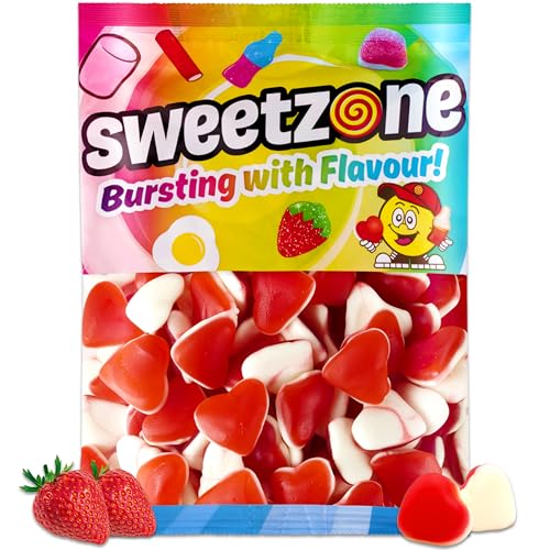 Sweetzone Erdbeer- und Sahneherzen 1 kg, köstliche Retro-Süßigkeiten, sprudelnde Pick-and-Mix-Süßigkeiten, Liebesbonbons, perfekte Süßigkeitenmischung für Kinder, große Süßigkeiten, Süßigkeitentüten, von Sweetzone