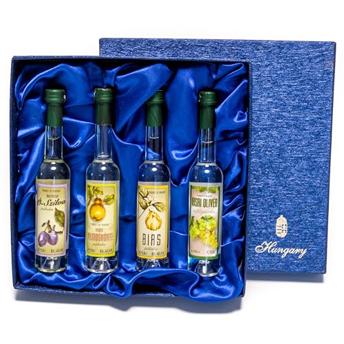 Szicsek Palinka | 4 Mini Palinka Selection | Handwerklich hergestellter Obstbrand in einer eleganten blauen Geschenkbox | 100% natürlich, aus handgepflückten Früchten | 4 x 40 ml von Szicsek