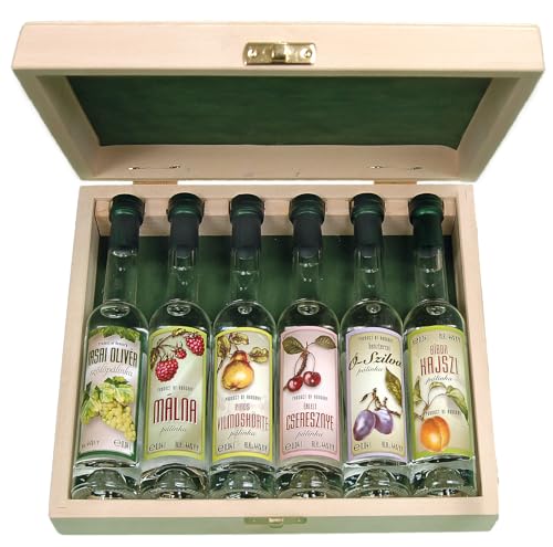 Szicsek Palinka | 6 Mini Palinka "Budapest" Selektion | Kunsthandwerklicher Obstbrand in hölzerner Geschenkbox | 100% natürlich, aus handverlesenen Früchten hergestellt | 6 x 40 ml von Szicsek