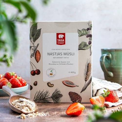 Taiga Naturkost Nastjas Müsli – Bio, angekeimte Saaten, mit Moosbeeren und Zedernflocken, glutenfrei, 400g von TAIGA NATURKOST