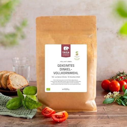 Taiga Naturkost - Premium Bio Dinkelmehl, gekeimt & aktiviert, roh, 1000 g – Nussiger Geschmack, reich an Ballaststoffen und Vitaminen, vielseitig verwendbar von TAIGA NATURKOST