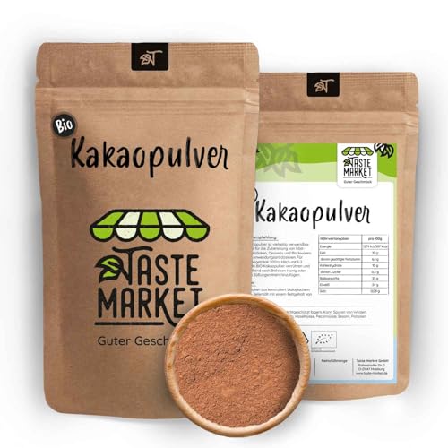 BIO Kakaopulver 1 kg Kakao ohne Zucker Roh Kakao Pulver ohne Zusätze Teilentölt ungesüßt für Getränke & Backwaren von TASTE MARKET Guter Geschmack