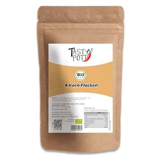 Tasty Pott Bio 4 - Korn Flocken | Getreideflocken | Roggen | Haferflocken | Weizenflocken | Gerstenflocken | Für Müsli | Zum Backen von Brot und Kuchen | Im Beutel 1000g von TASTY POTT