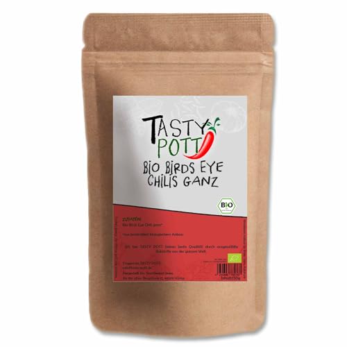 Tasty Pott Bio Birds Eye Chilis ganz und getrocknet 10 Gramm | Chilischoten | Grillen & Kochen | Würzen & Braten | scharf Chili hot spicy | Fleisch Nudeln Gemüse | Vorteilspackung Nachfüllbeutel von TASTY POTT