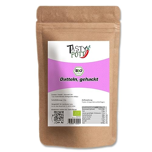 Tasty Pott Bio Datteln gehackt 500g Beutel | Dattel süß | Kochen Backen | Müsli Kuchen Snack | Vegetarisch Vegan | Süßen Natur natürlich | Fruchtzucker | Paleo Glutenfrei (1000g) von TASTY POTT