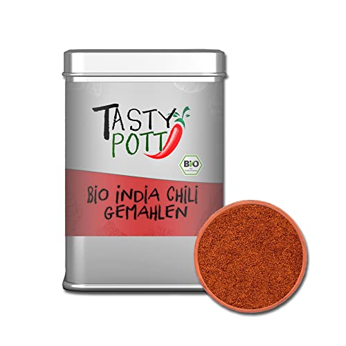 Tasty Pott Bio India Chili - gemahlen - Chilipulver I Scharfes Gewürz I Chilischoten gemahlen I Würzen I Kochen I Grillen I Hot Spices I Gewürzdose 80g von TASTY POTT