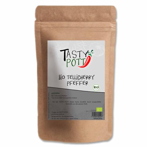 Tasty Pott Tellicherry Pfeffer (ganz) 1000g Beutel | Kochen & Braten | Grillen & Marinieren | Steak gemüse besonderer Geschmack | Bioqualität hochwertig | Aroma | Vorteilsbeutel Vorratspackung von TASTY POTT