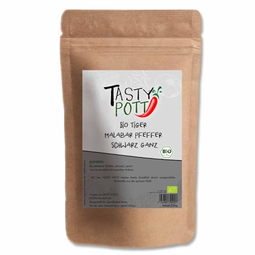 Tasty Pott Bio Tiger Malabar Pfeffer schwarz (ganz) 30g Beutel | Pfeffer Gewürz Geschmack Aroma | Kochen & Braten | Würzen & Marinieren von TASTY POTT