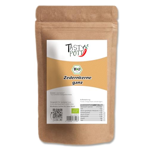 Tasty Pott Bio Zedernkerne, ganz I Vegan Kochen I Pesto selber machen I Salat-Topping I Müslibowl I Pinienkerne I Nussiger Geschmack I Kerne I Im Beutel (100g) von TASTY POTT