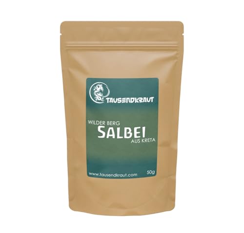 Wilder Salbei aus Kreta (50g) | Echter Kretischer Berg-Salbei | Handgeerntet & naturbelassen | Premium Qualität für Salbei-Tee, Gewürz & Kräutertee | Aromatisch & intensiv von TAUSENDKRAUT FÜR MEHR LEBENSQUALITÄT!