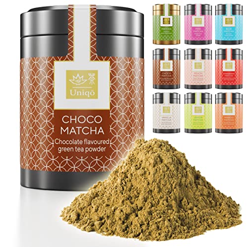 Tea Uniqo – Choco Matcha Tee Pulver – Ideal zum Trinken, für Eis, Latte, Shakes, zum Backen oder Kochen - Japanischer Grüntee Pulver mit Schokolade Geschmack, ohne künstliche Farbstoffe in edler Dose von TEA Uniqō