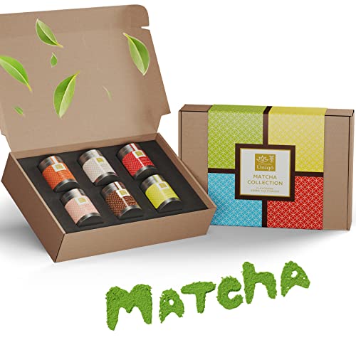 Tea Uniqo – Matcha Pulver Tee Probierset – 6 Matcha Sorten ideal zum Trinken, für Eis, Latte, Shakes, zum Backen oder Kochen - Japanischer Grüntee Pulver Geschenkset, ohne künstliche Farbstoffe von TEA Uniqō