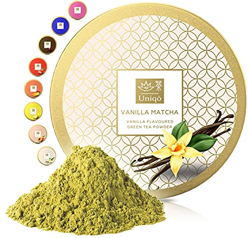 Tea Uniqo - Vanille Matcha Pulver – Ideal für Eis, Latte, Shakes, zum Backen, Kochen oder pur Trinken – Grüntee Pulver mit Vanilla Geschmack, 100% natürlich in wiederverschließbarer Dose von TEA Uniqō