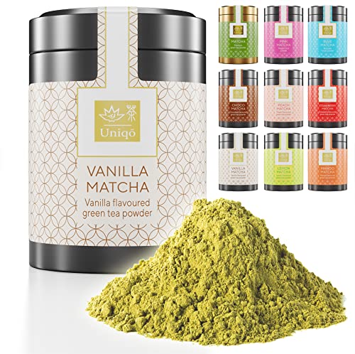 Tea Uniqo – Vanille Matcha Tee Pulver – Ideal zum Trinken, für Eis, Latte, Shakes, zum Backen oder Kochen - Japanischer Grüntee Pulver mit Vanilla Geschmack, ohne künstliche Farbstoffe von TEA Uniqō