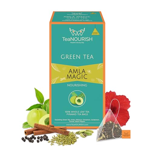 TeaNOURISH Amla Magic Grüner Tee | 20 Pyramiden-Teebeutel | Ganzblatttee | Gemischt mit Amla, Hibiskus, Fenchel, Kardamom und Zimt | 100% NATÜRLICHE INFUSION von TEANOURISH