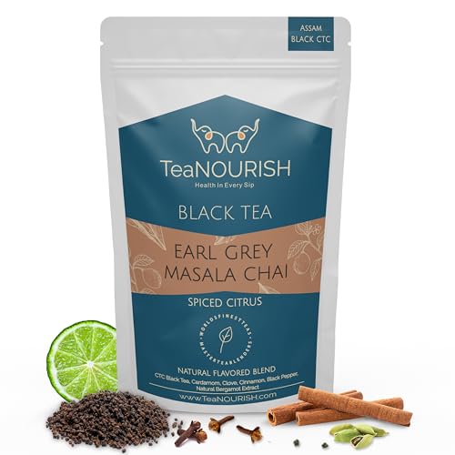 TeaNOURISH Earl Grey Masala Chai Tee | Gewürzte Zitrusfrüchte | Mischung aus Assam CTC, Kardamom, Zimt, schwarzem Pfeffer, Nelke, natürlichem Bergamottenextrakt | 100% NATÜRLICH – 100 g von TEANOURISH